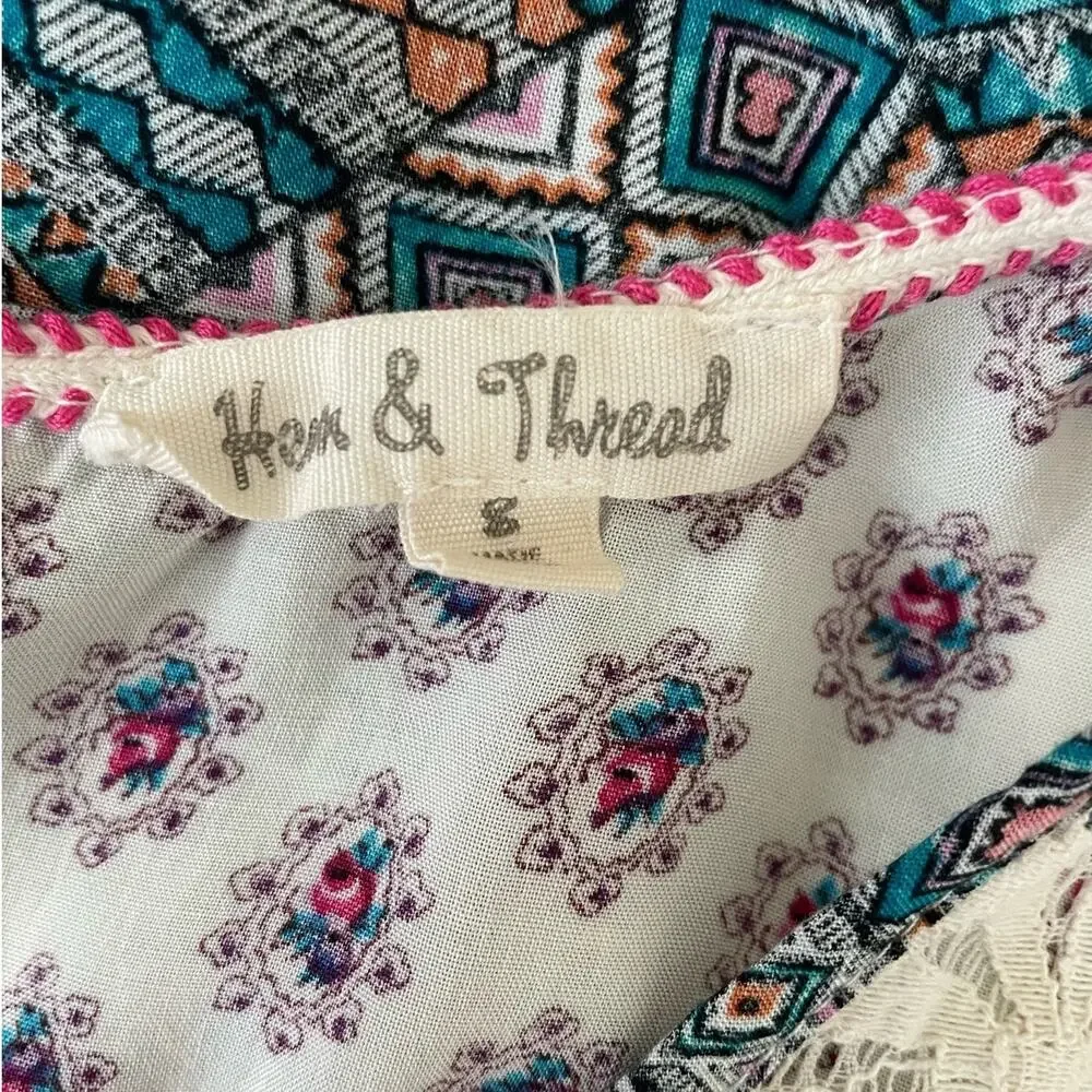 Hem & Thread Women Top S Multicolor‎ Crochet Inlet Mixed Boho Pattern Festival